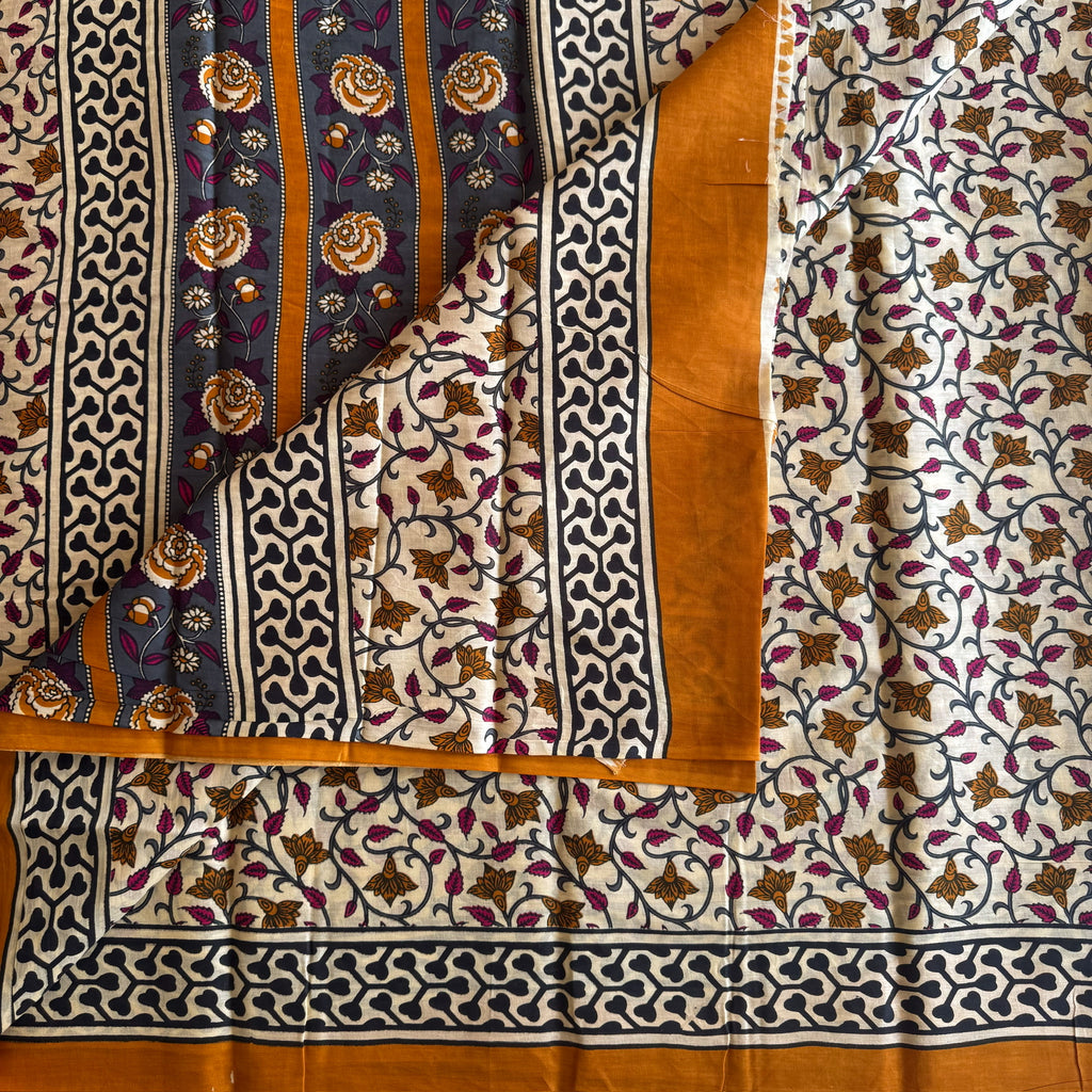Ivory Charcoal Burnt Orange Floral Block Print Traditional Soft Saree