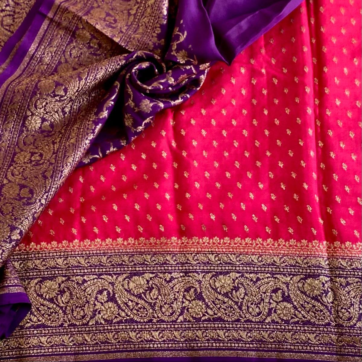 Strawberry Pink Banarasi Crepe Silk Saree With Royal Purple  Panel