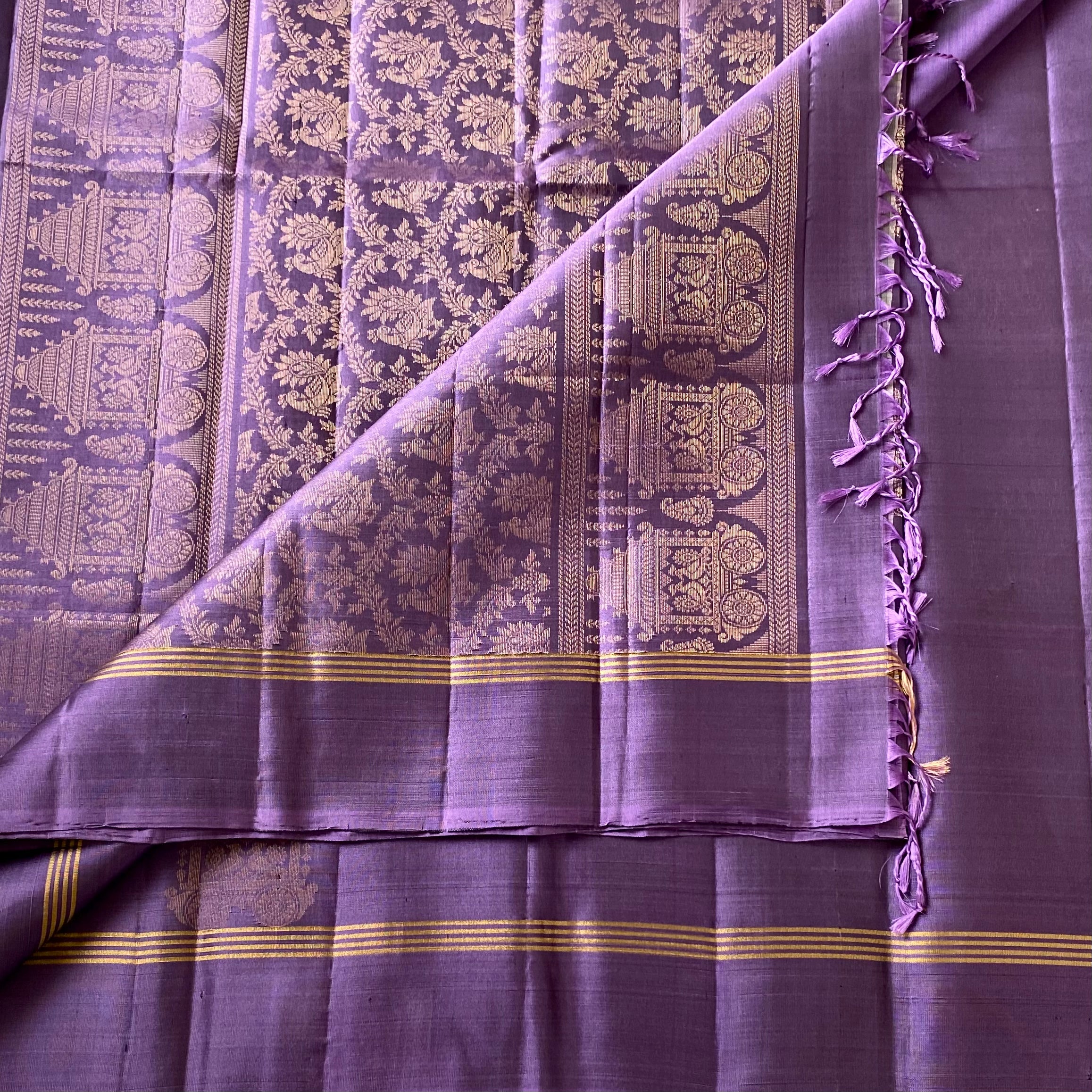 Plum Purple Gold Zari Temple Floral Silk Saree Wedding Festive