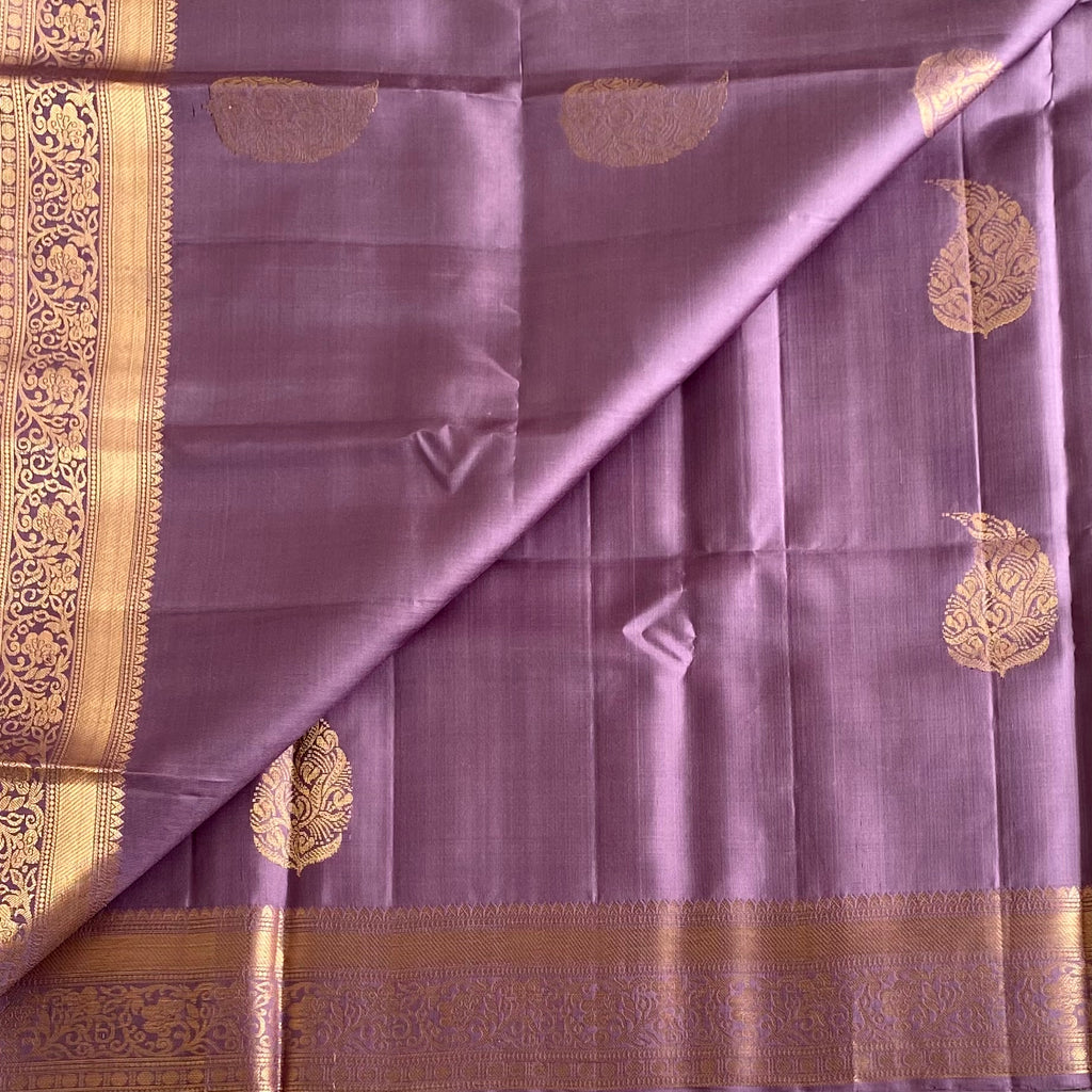 Mauve Lavender Designer Pure Silk Saree With Antique Gold Border