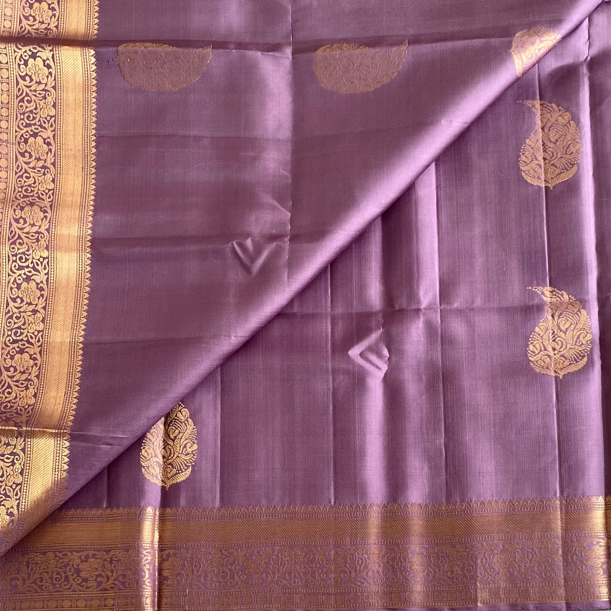 Mauve Lavender Designer Pure Silk Saree With Antique Gold Border