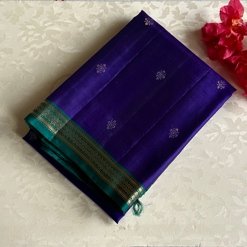 Royal Purple Designer Pure Silk Saree With Teal Green Pallu