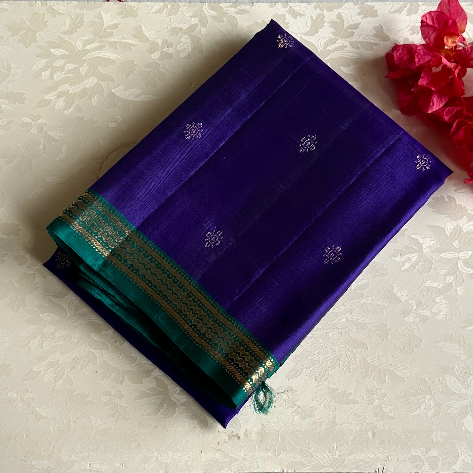 Royal Purple Designer Pure Silk Saree With Teal Green Pallu