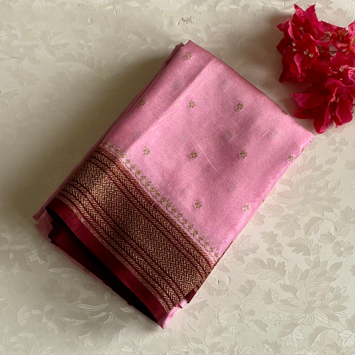 Soft Pink Banarasi Crepe Silk Saree With Burgundy Wine Pallu