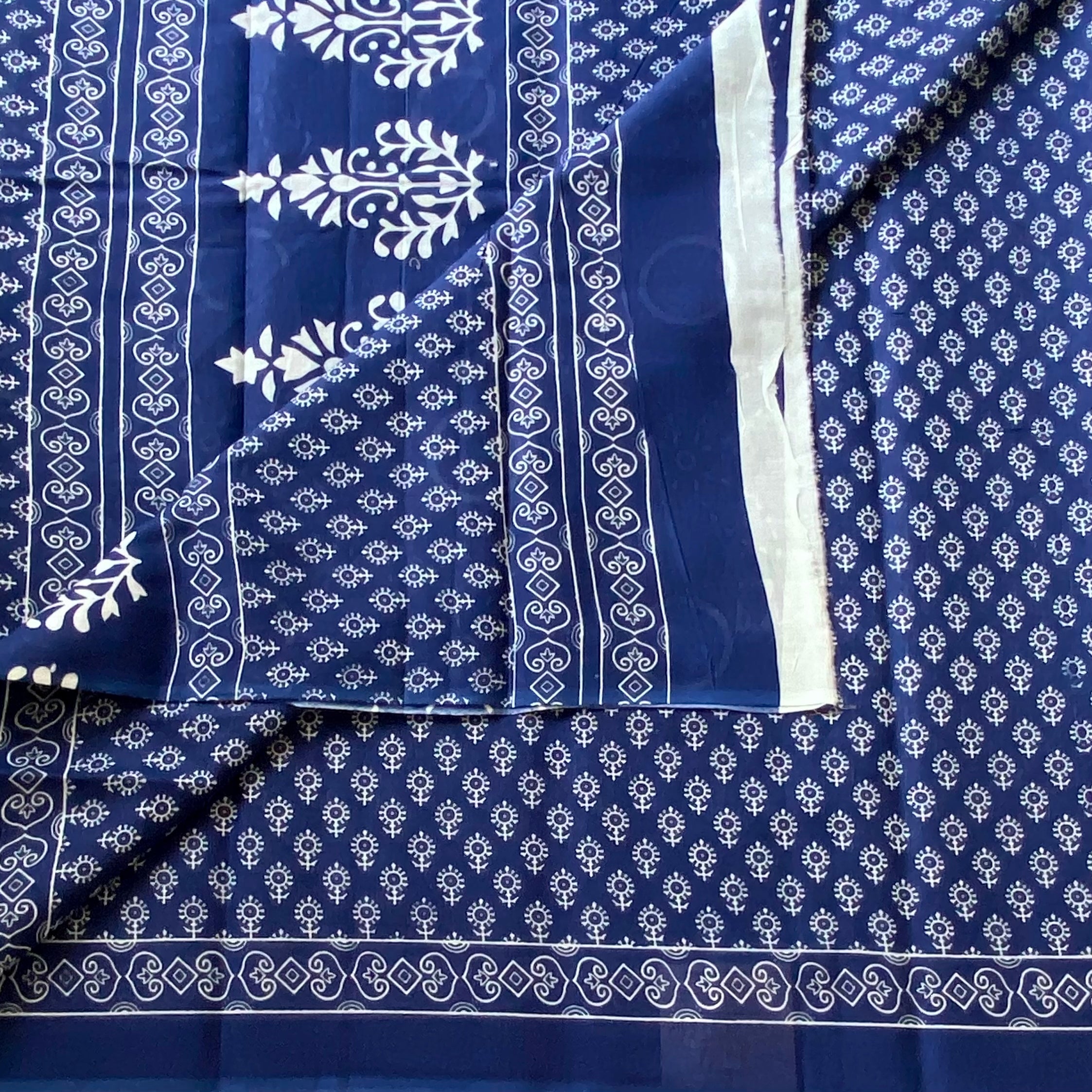 Royal Blue White Block Print Saree With Printed Border Classic