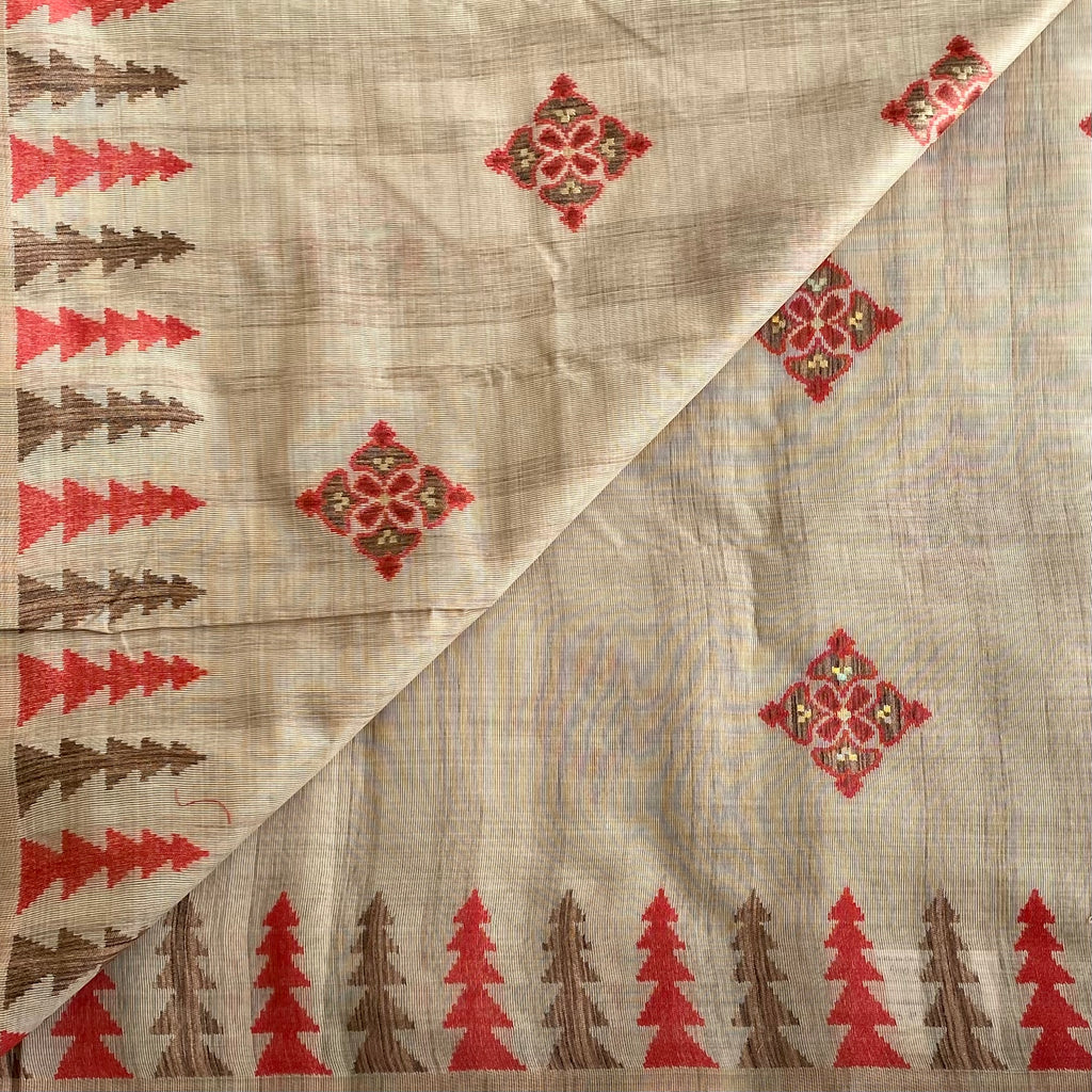 Warm Beige Coral Soft Jute Tussar Saree With Floral Pallu