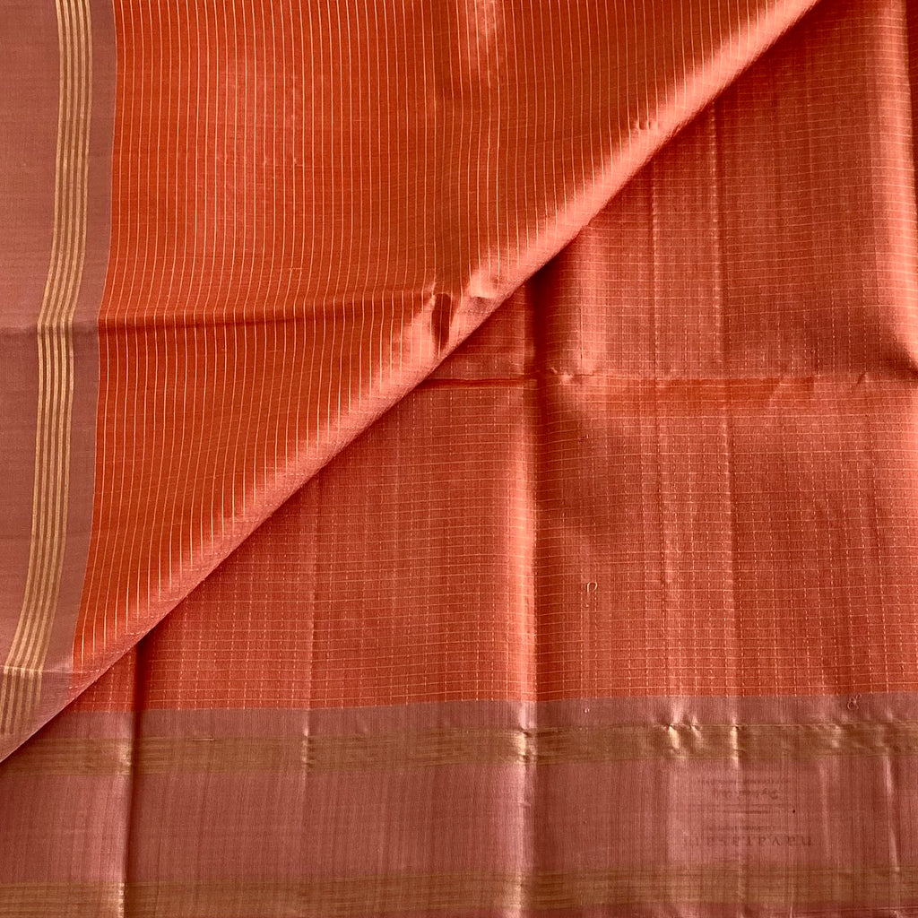 Pastel Peach Designer Pure Silk Checkered With Rose Gold Pallu