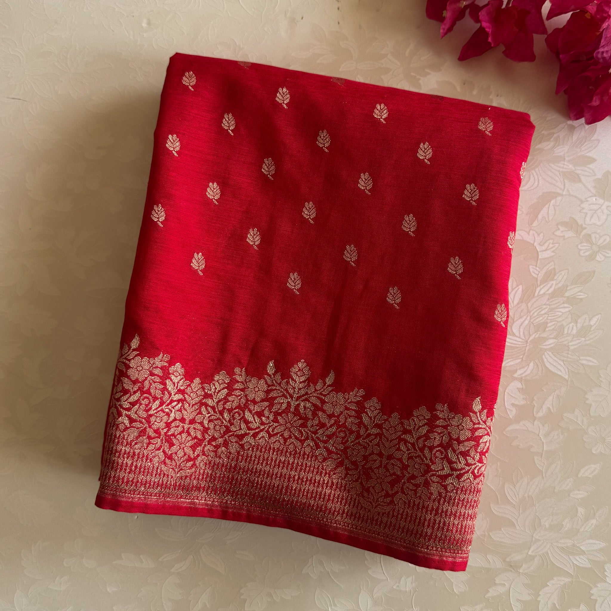 Scarlet Red Saree Antique Gold Brocade Floral Border and Buti