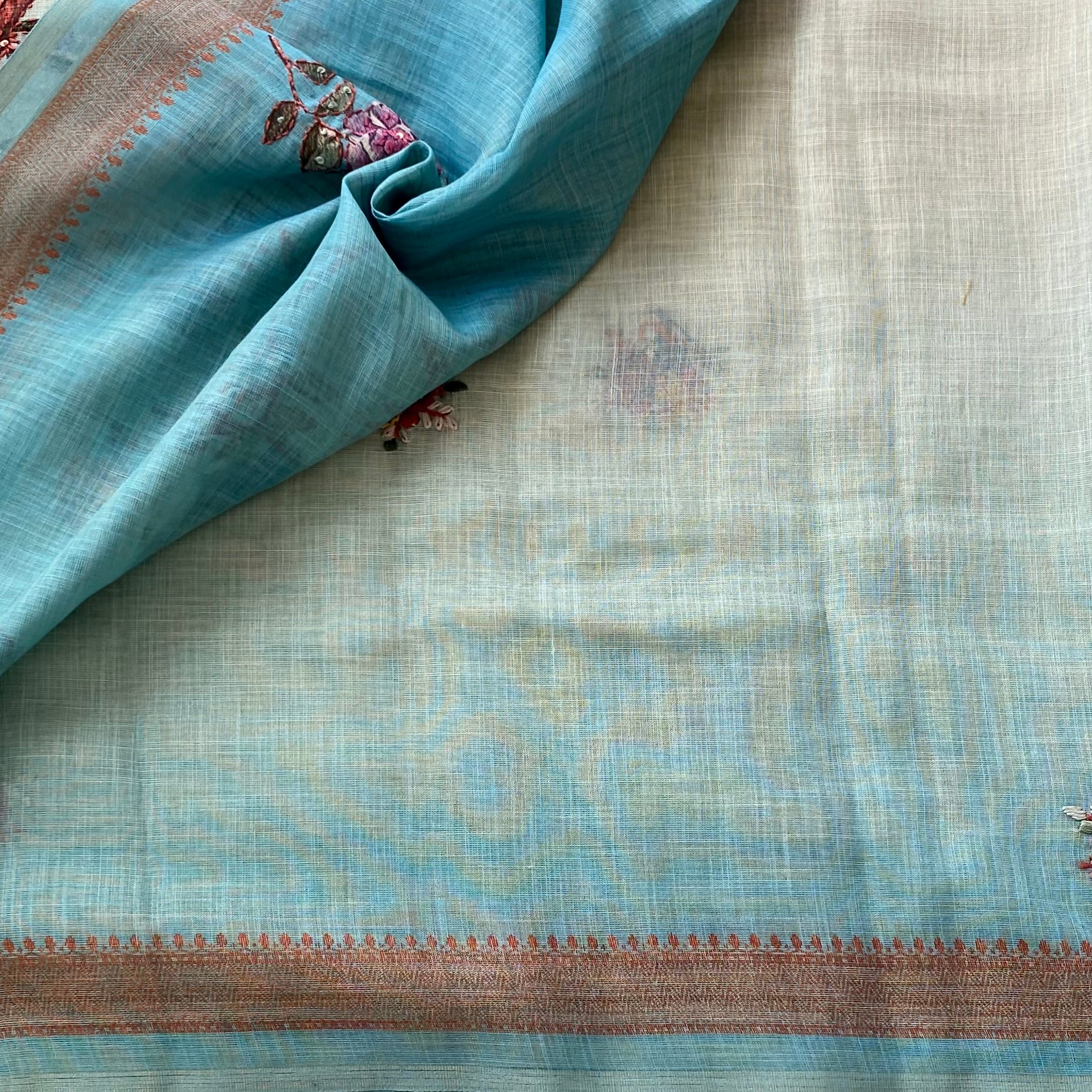 Seafoam Green Embroidered Saree with Copper Border Lightweight Floral Motif