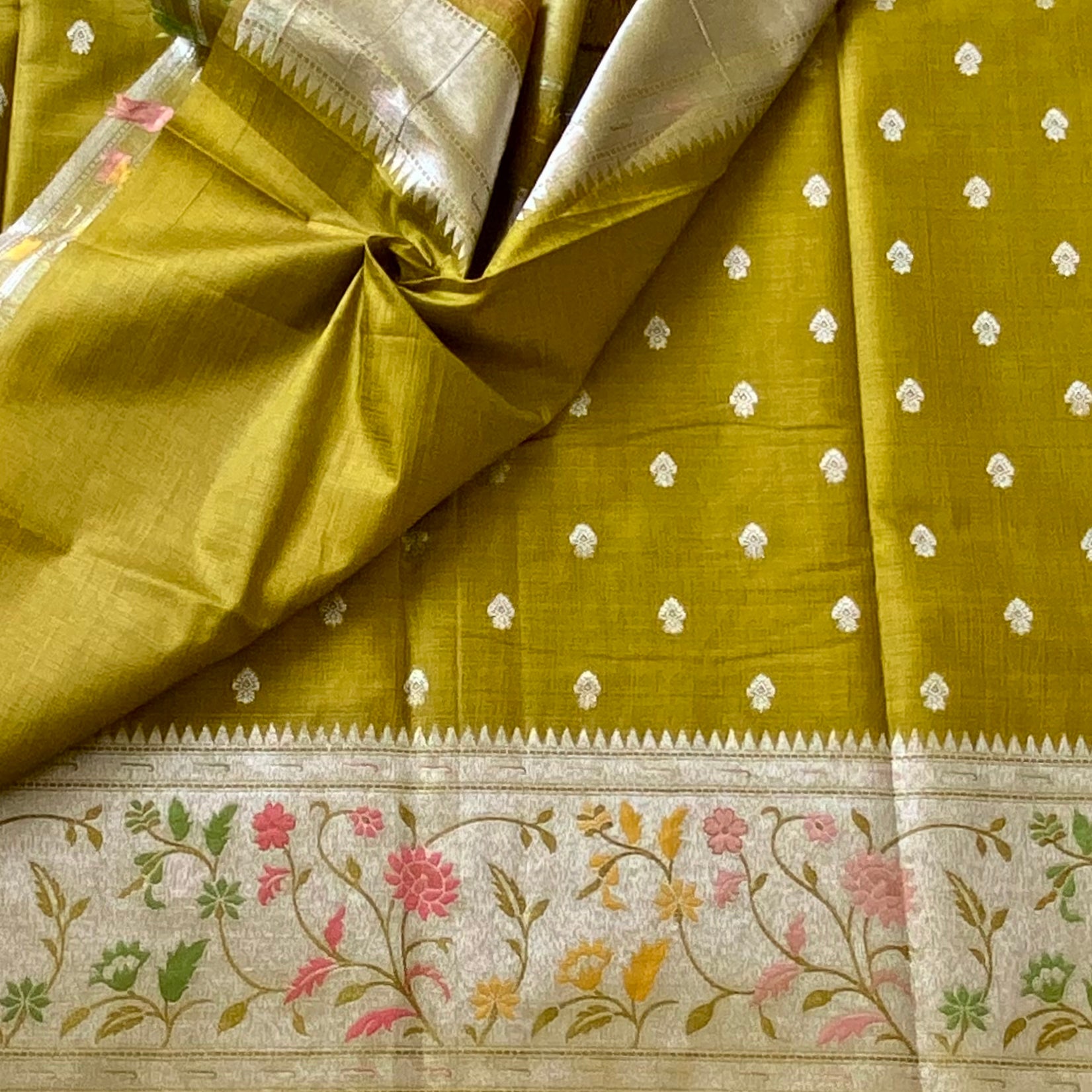 Olive Green Floral Silver Buti premium soft tussar with Meenakari work