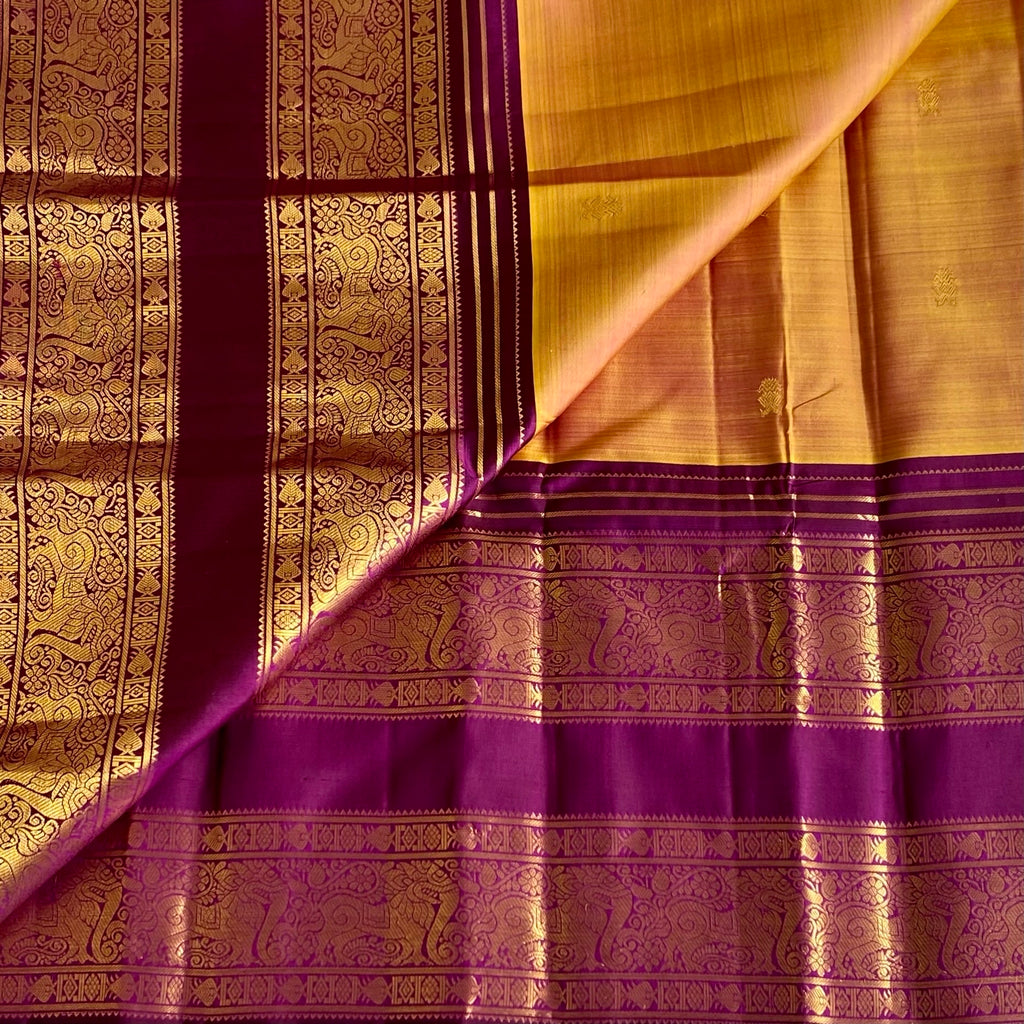 Dual Shaded Honey Gold With Lustrous Wine Purple Kanjeevaram Silk