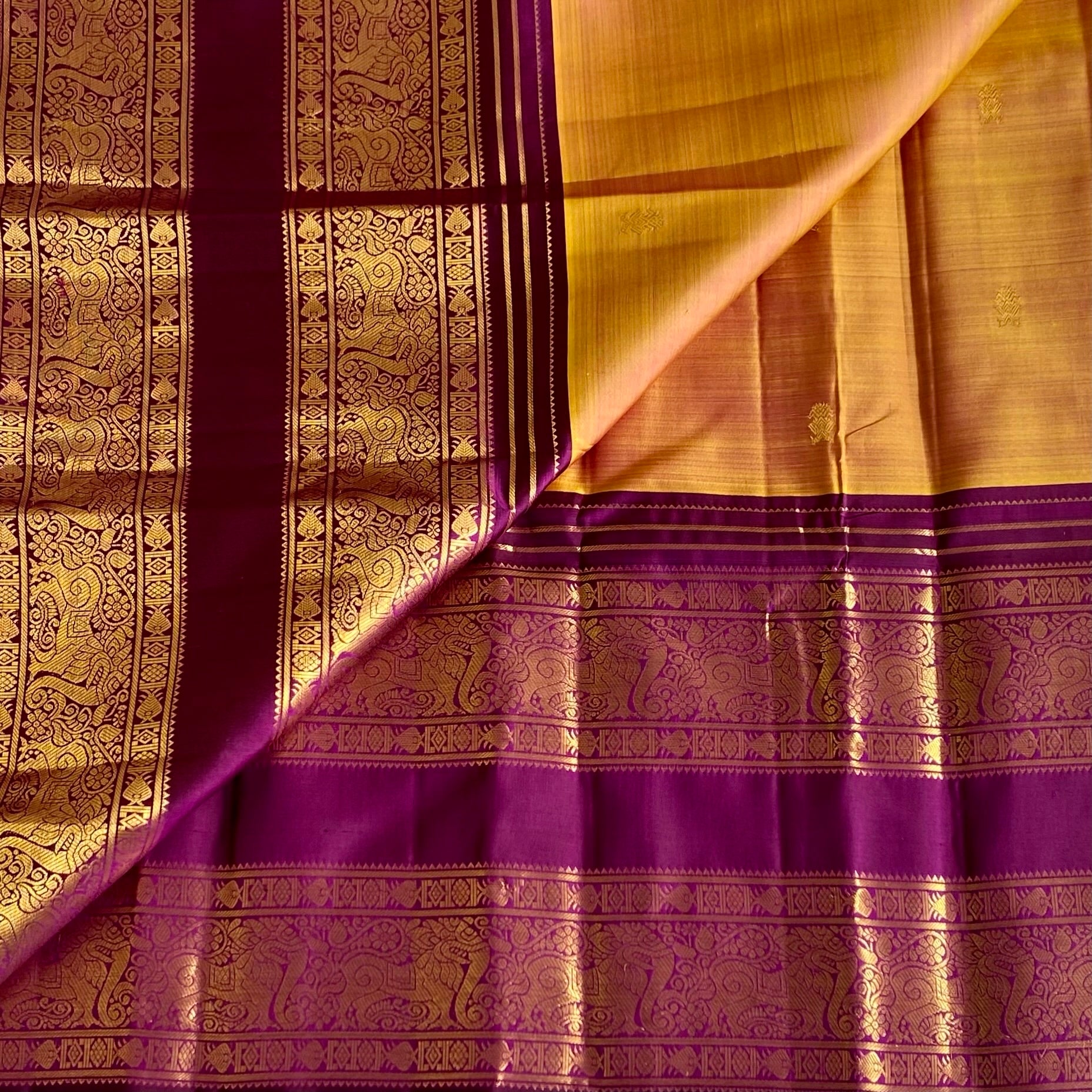 Dual Shaded Honey Gold With Lustrous Wine Purple Kanjeevaram Silk