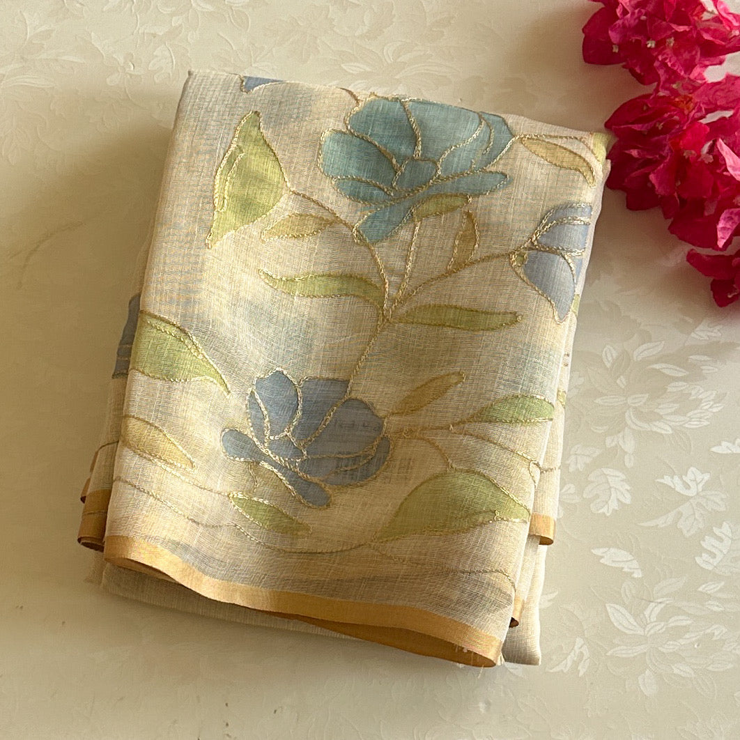 Light Beige Sheer Saree Powder Blue Floral Gold Outline Border