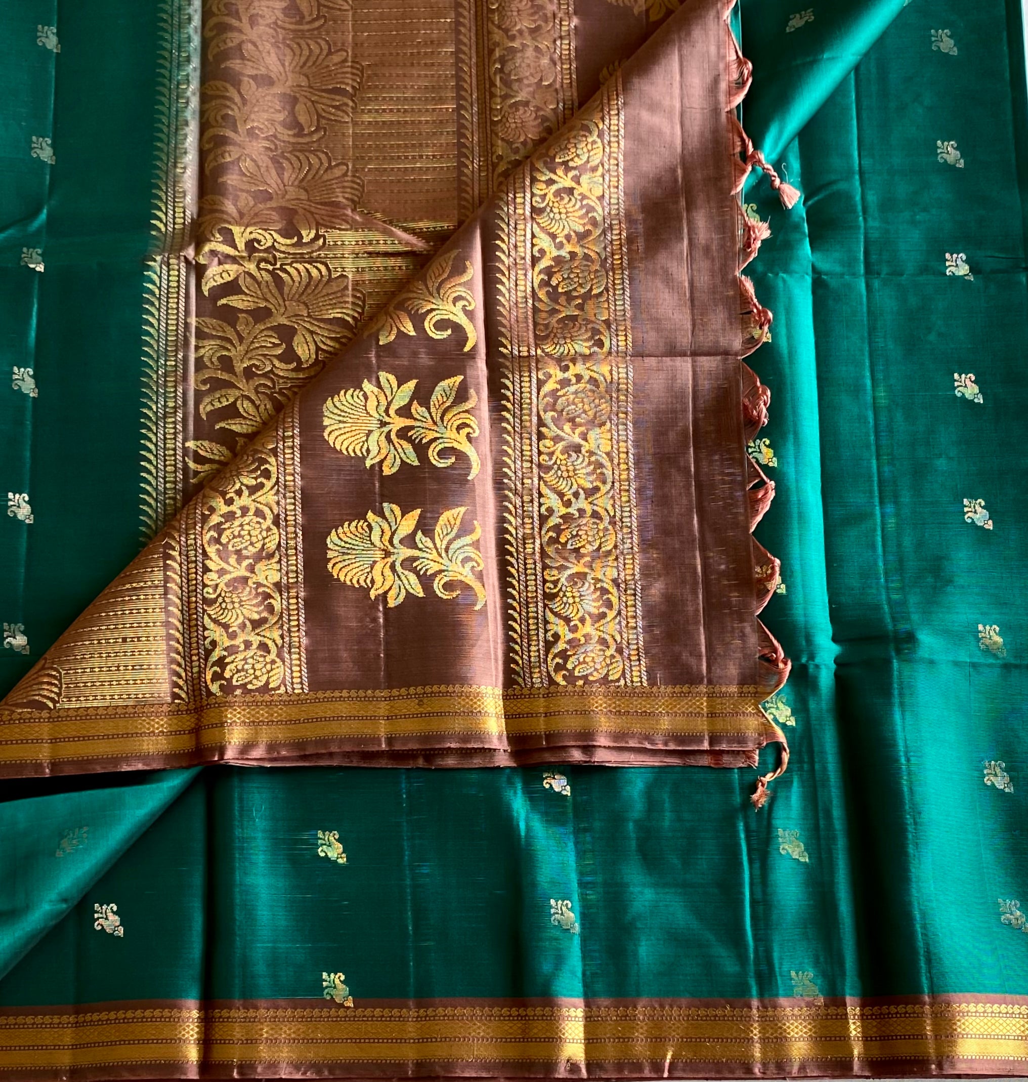 Teal Silk Saree with Burgundy Gold Zari Pallu and Border