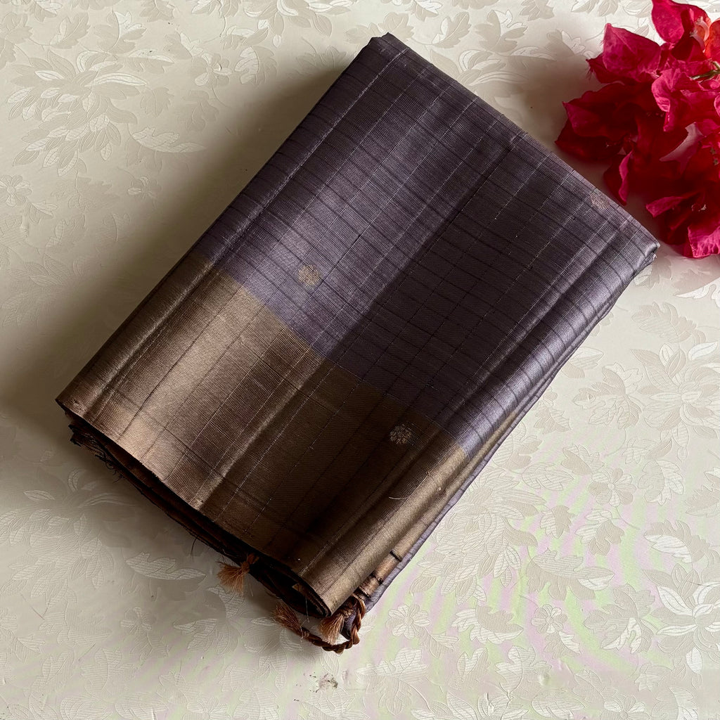 Smoky Greyish Lavender Designer Pure Silk Saree With Antique Gold Pallu