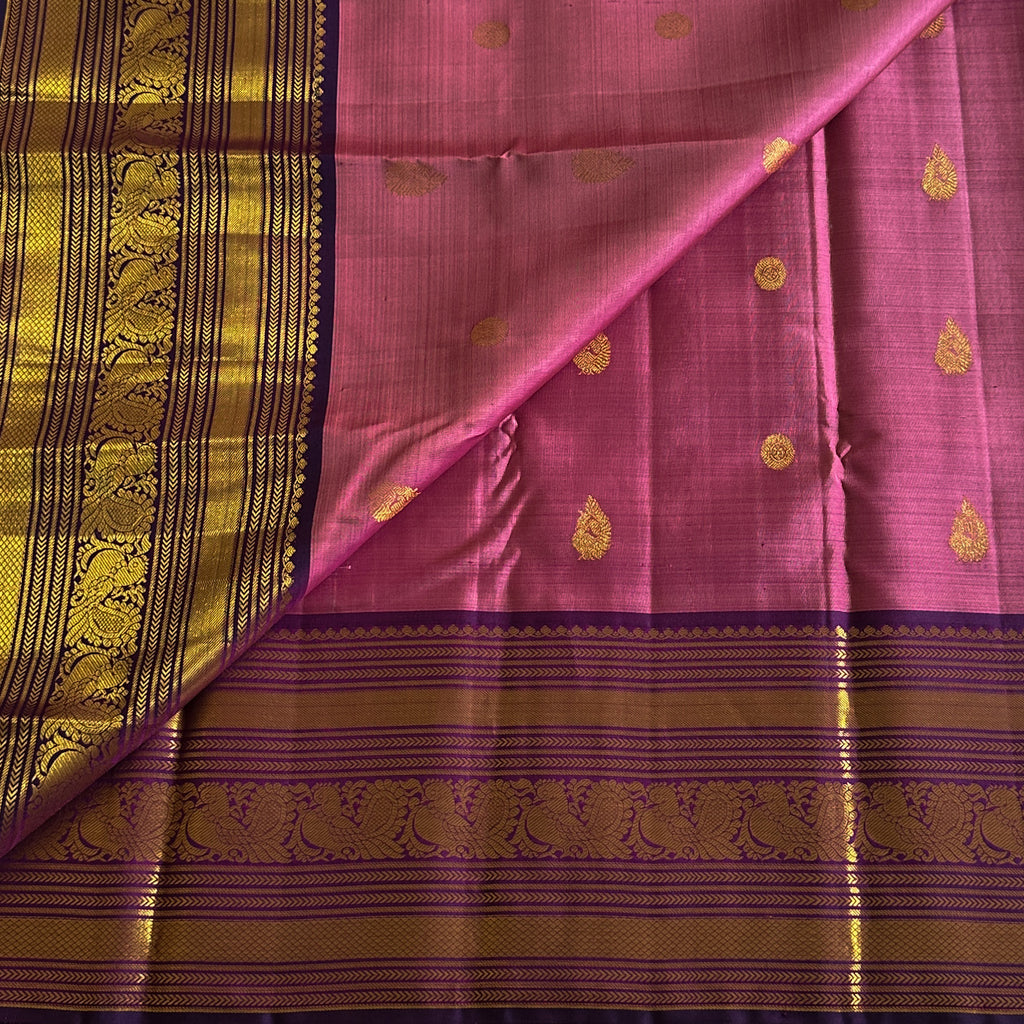 Magenta Silk Saree with Gold Brocade Pallu and Purple Border