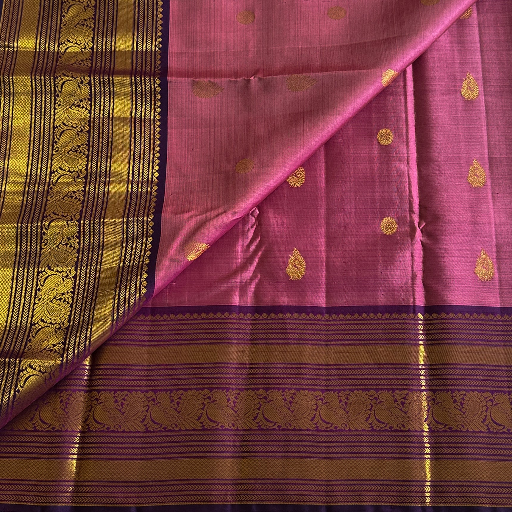 Magenta Silk Saree with Gold Brocade Pallu and Purple Border