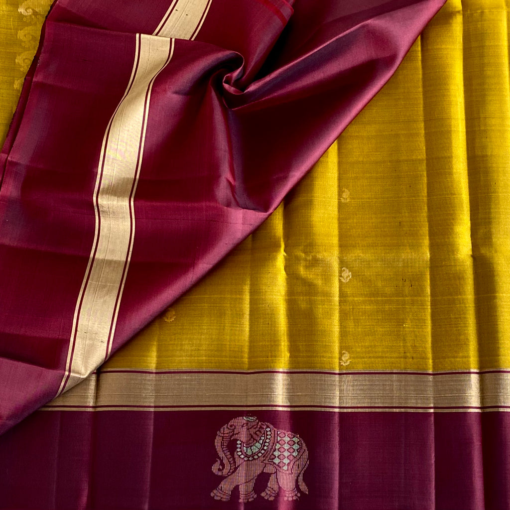 Mustard Yellow Designer Pure Silk Saree With Deep Maroon Pallu