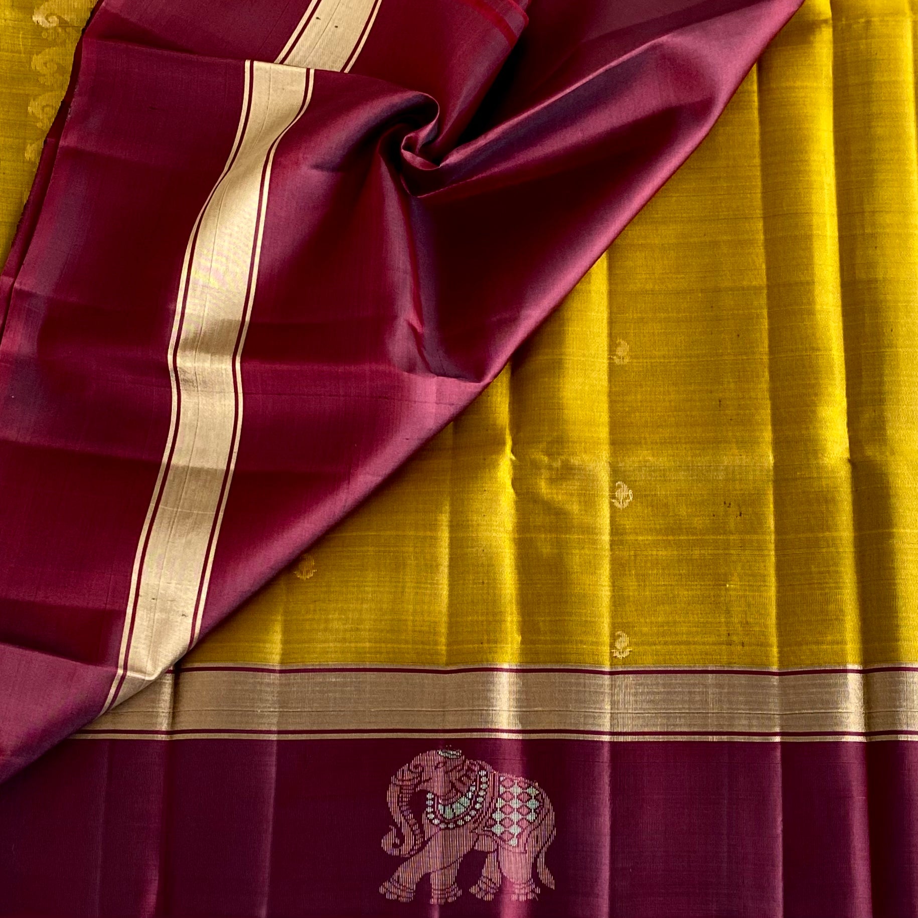Mustard Yellow Designer Pure Silk Saree With Deep Maroon Pallu