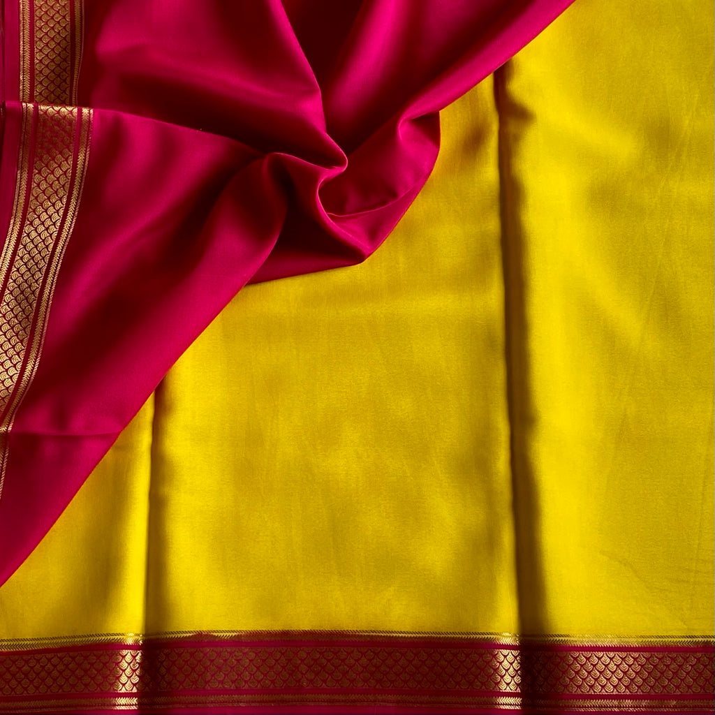 Mustard Yellow Mysore Crepe Silk Saree With Rani Pink Border