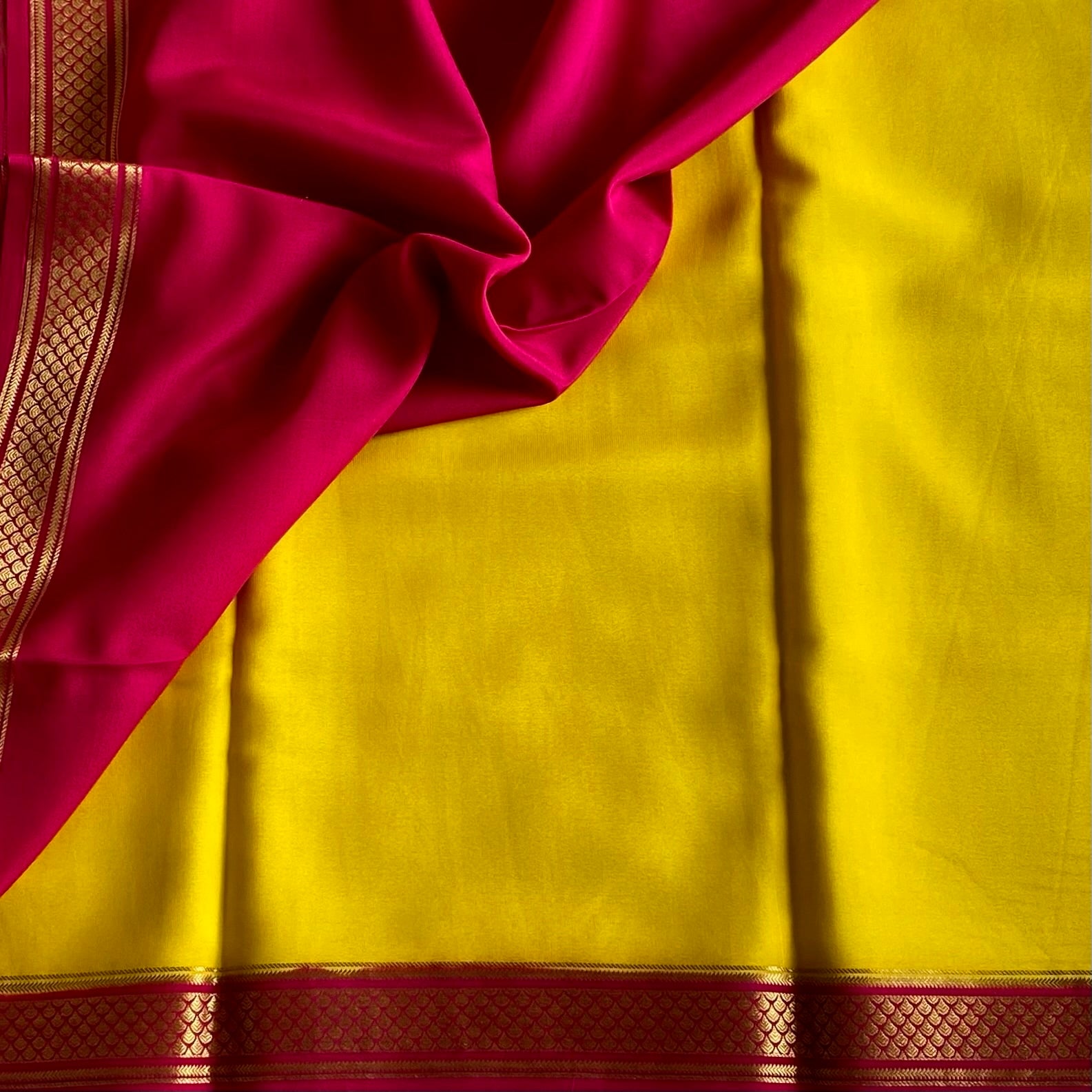 Mustard Yellow Mysore Crepe Silk Saree With Rani Pink Border