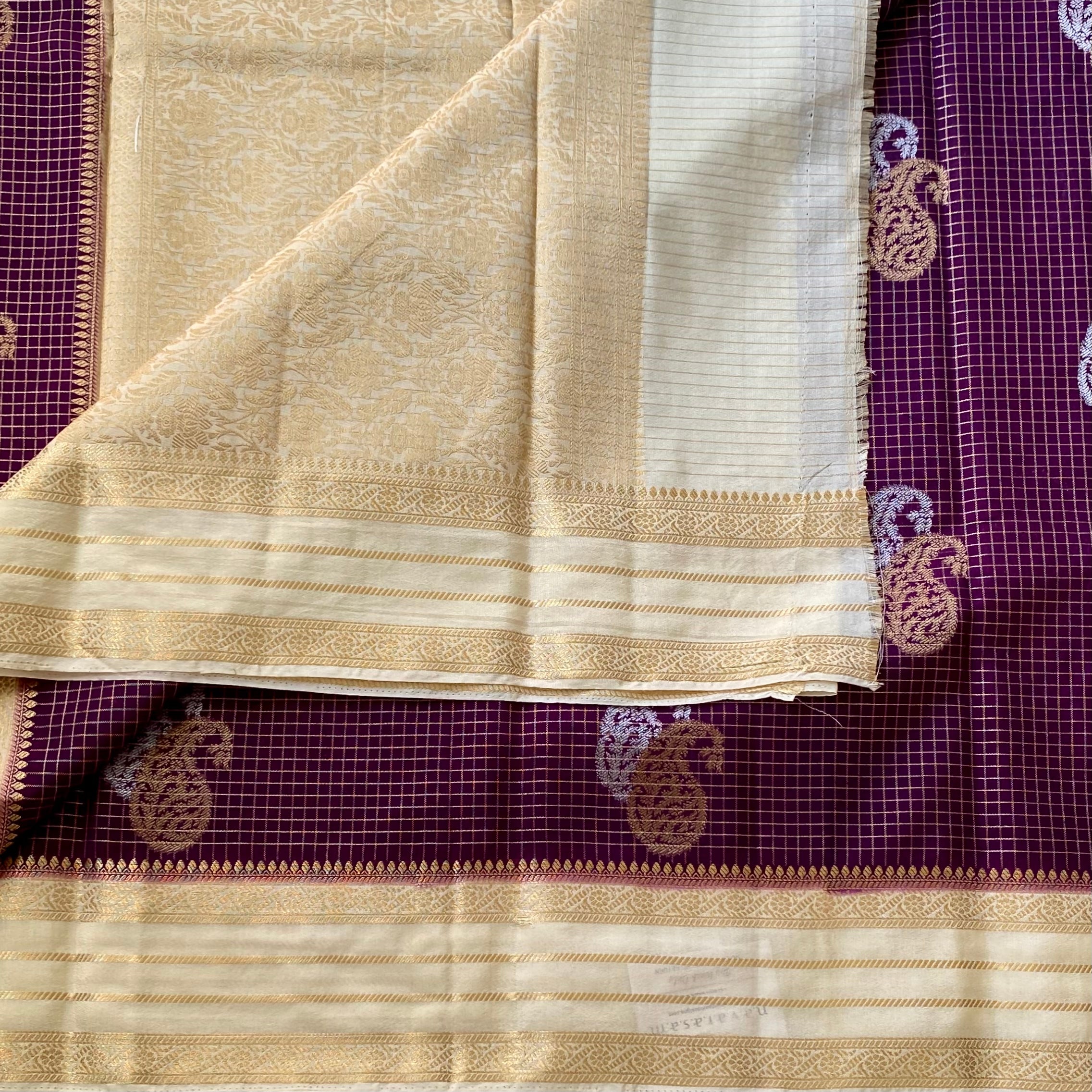 Royal Purple Banarasi Saree With Ivory Gold Pallu And Zari