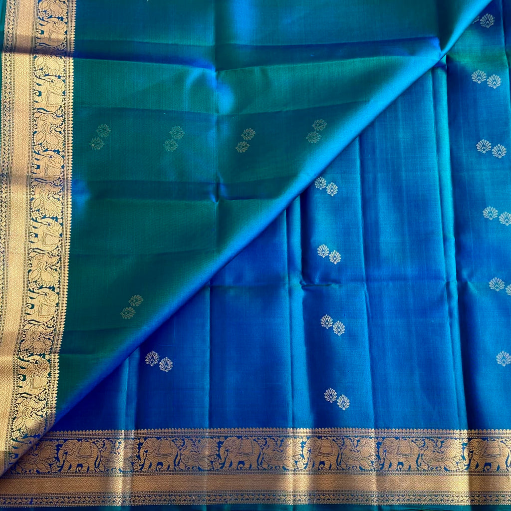Peacock Blue Designer Pure Silk Saree With Twin Butta Antique Gold Zari