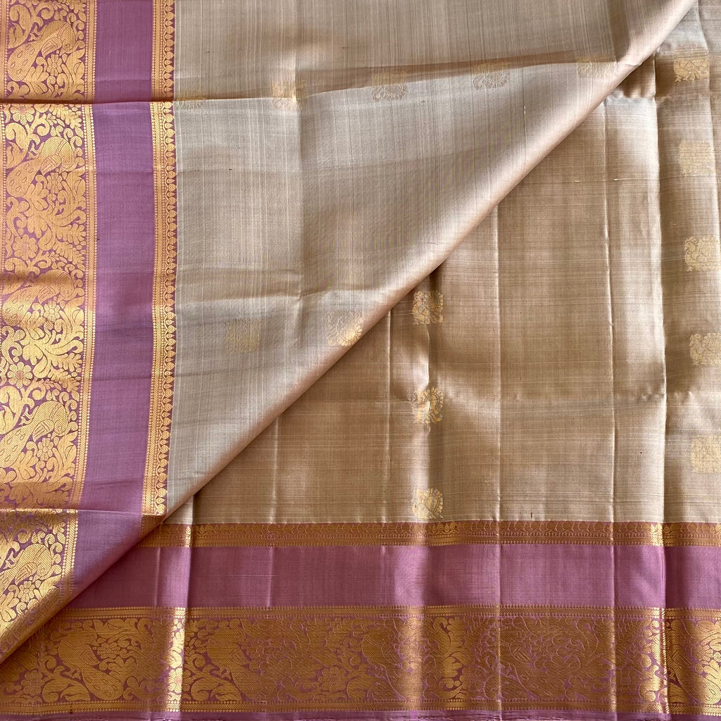 Champagne Beige Designer Pure Silk With Metallic Lavender Gold Border