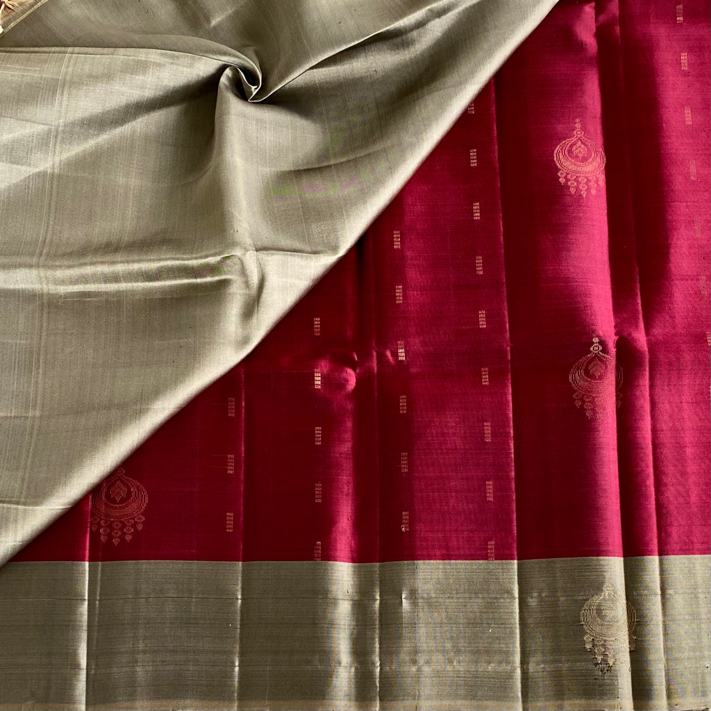 Antique Gold Designer Pure Silk Saree With Rani Pink Pallu