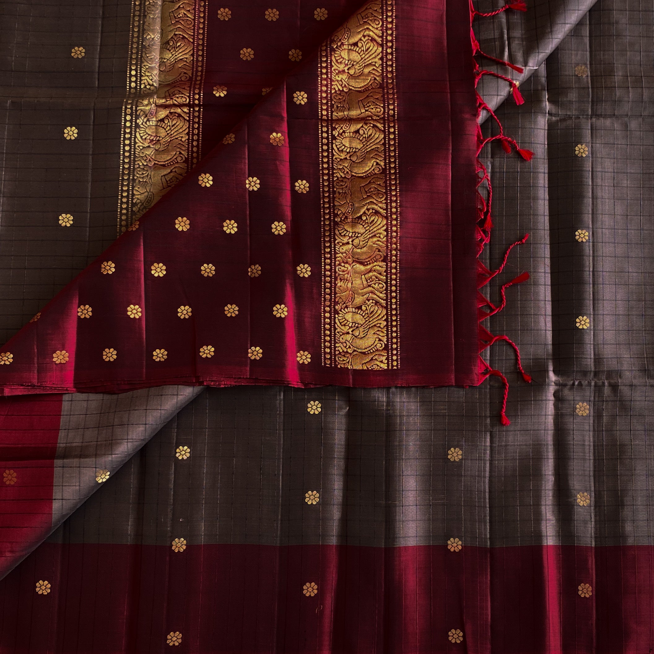 Taupe Grey Silk Saree Deep Maroon Pallu Gold Zari Border