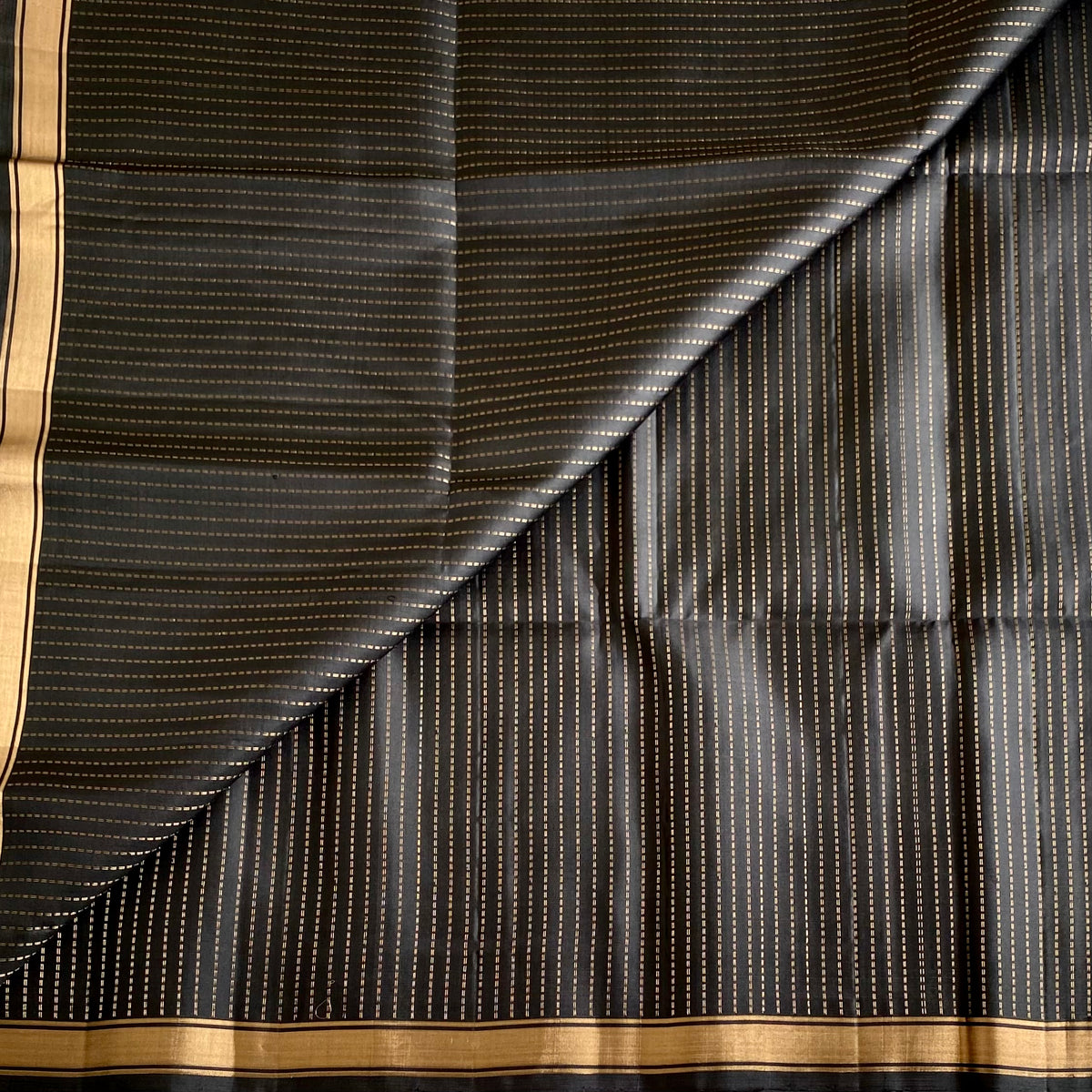 Jet Black Designer Pure Silk Saree With Peach Pink Pallu