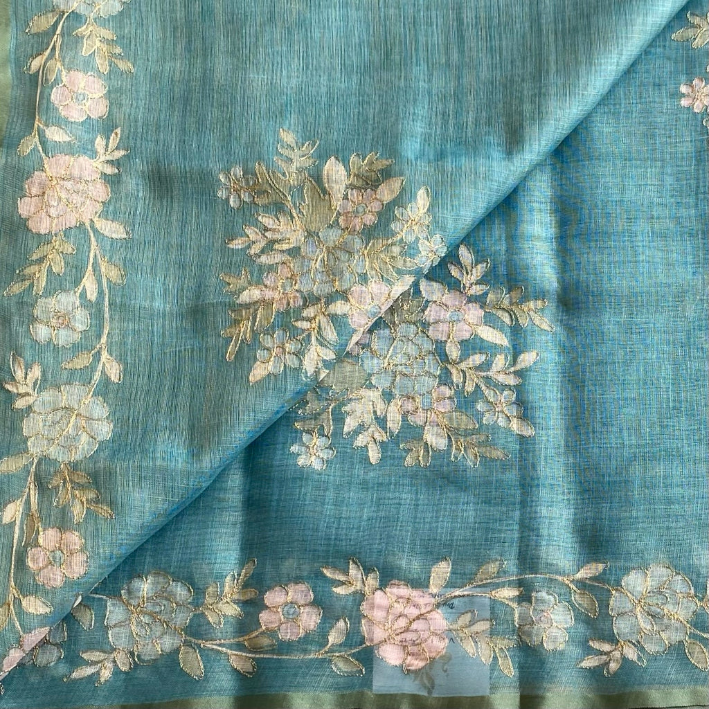 Teal Blue Soft Linen Tussar Saree With Pale Pink Embroidery
