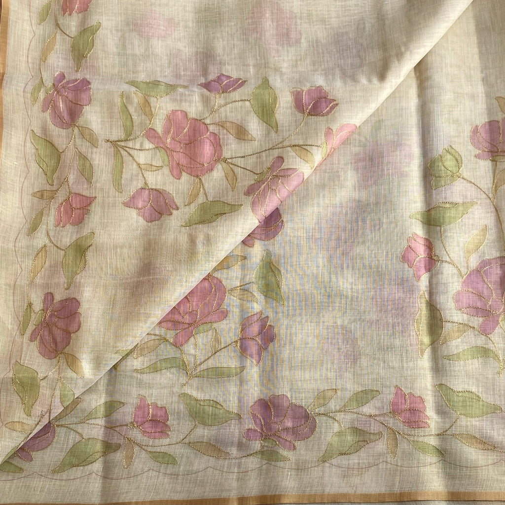 Dreamy Beige Soft Linen Embroidered Beauty Saree With Dusty Rose Floral