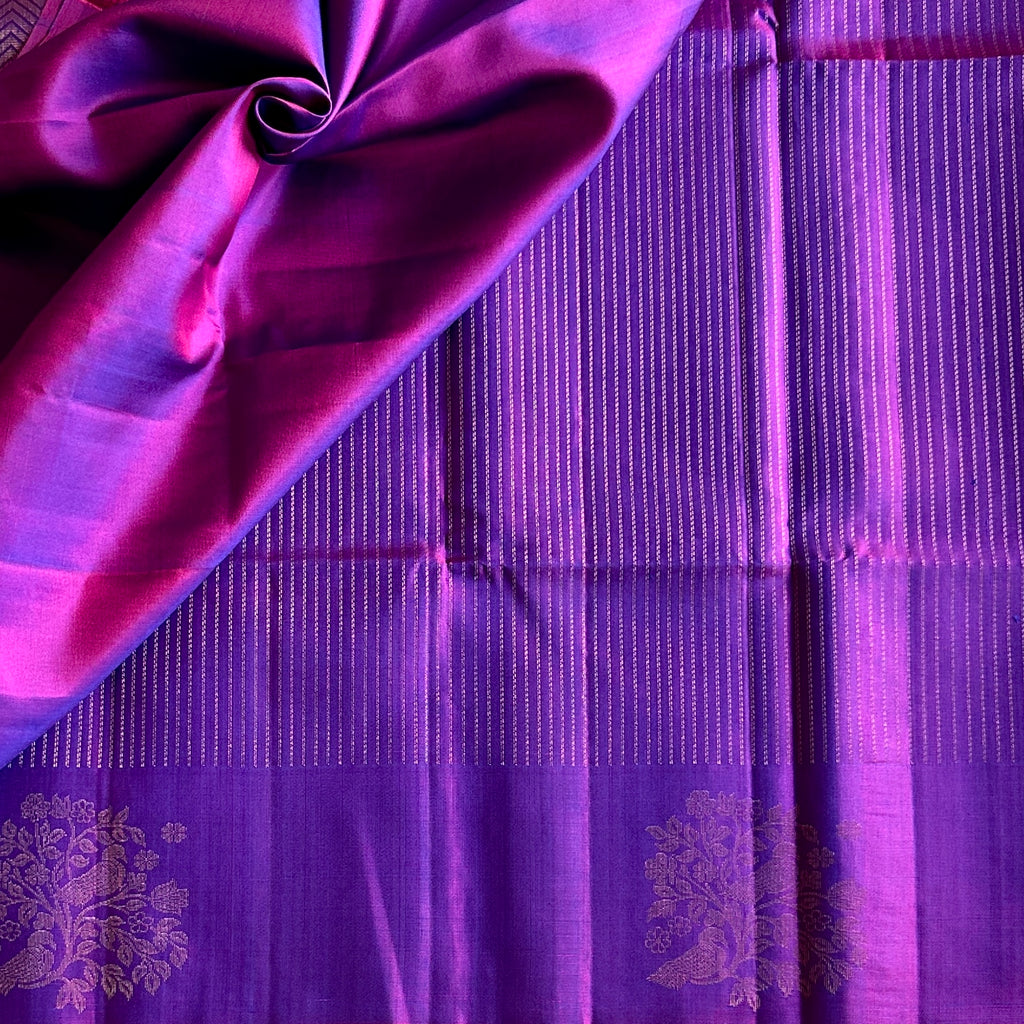 Royal Purple Silk Saree Gold Jacquard Bird Floral Chevron Border
