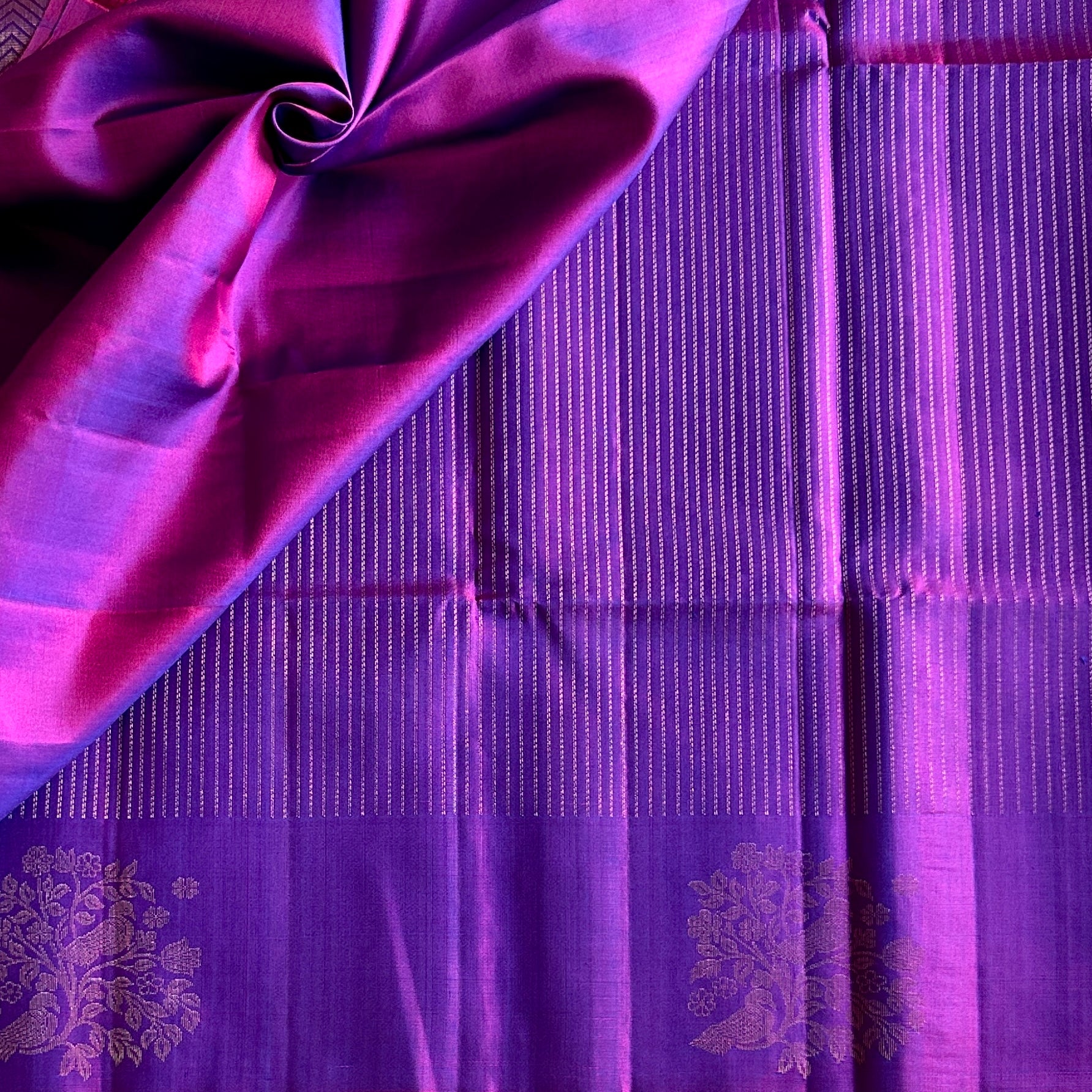 Royal Purple Silk Saree Gold Jacquard Bird Floral Chevron Border