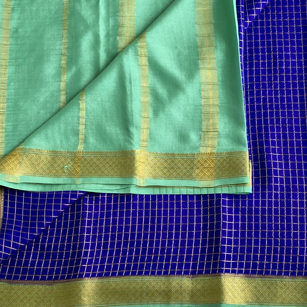 Royal Blue Mysore Crepe Silk Saree With Sea Green Contrast