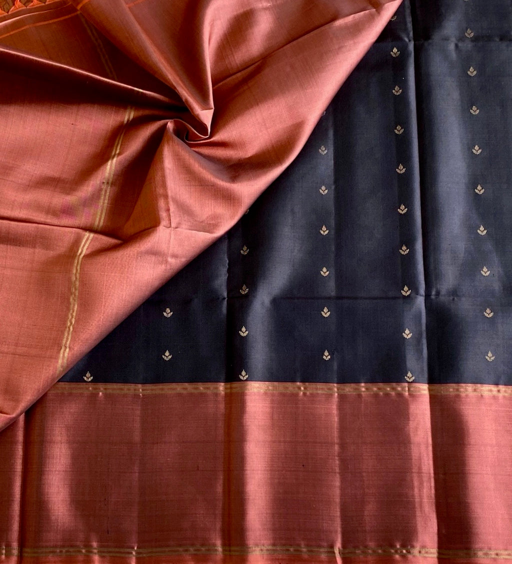 Burnt Orange Designer Pure Silk Saree With Black Pallu