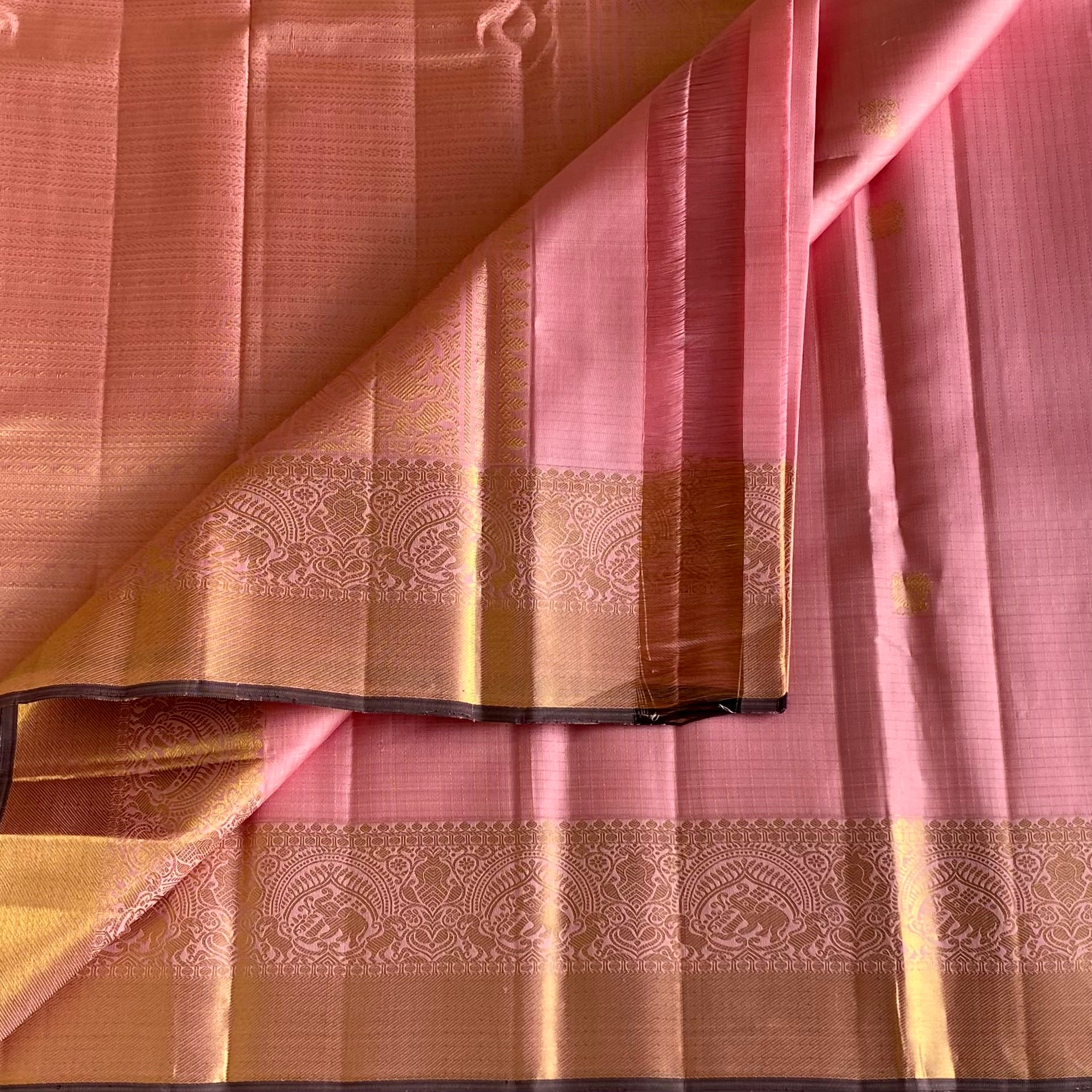 Dreamy Baby Pink Kanjeevaram Pure Zari Silk Saree With Tiny Grey Border