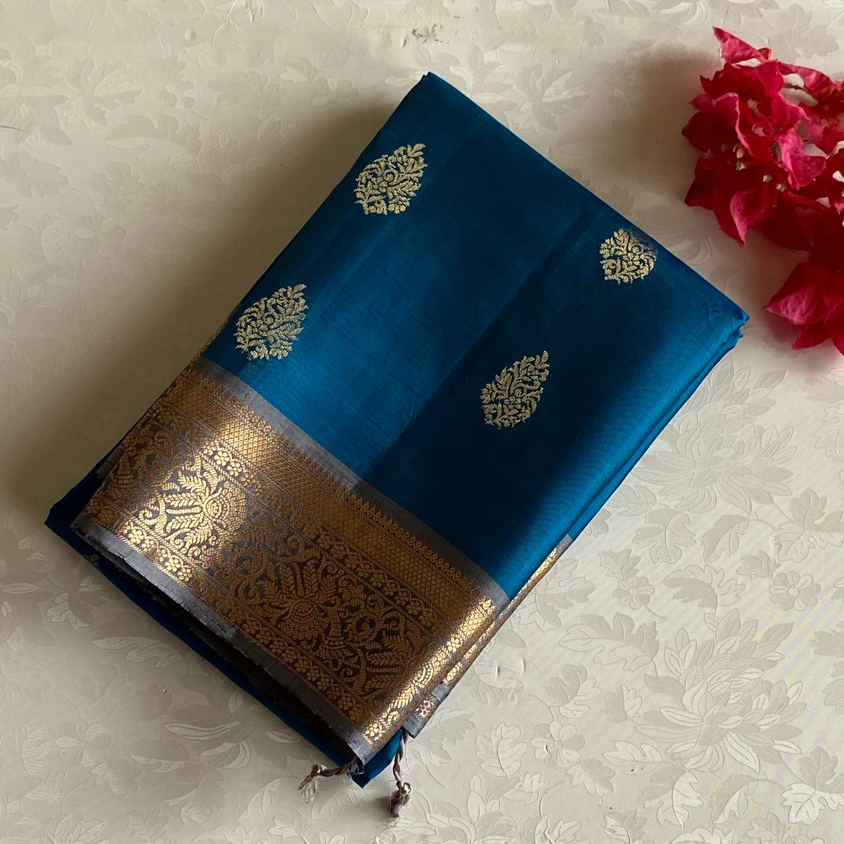 Rare Teal Blue Designer Pure Silk Saree With Silver Grey Pallu