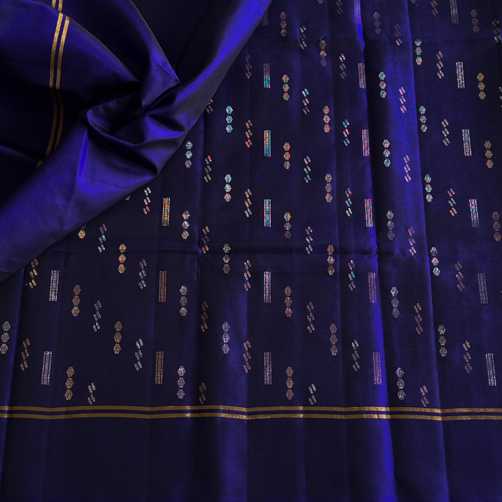 Royal Blue Saree With Gold Zari Floral Pallu And Tassels