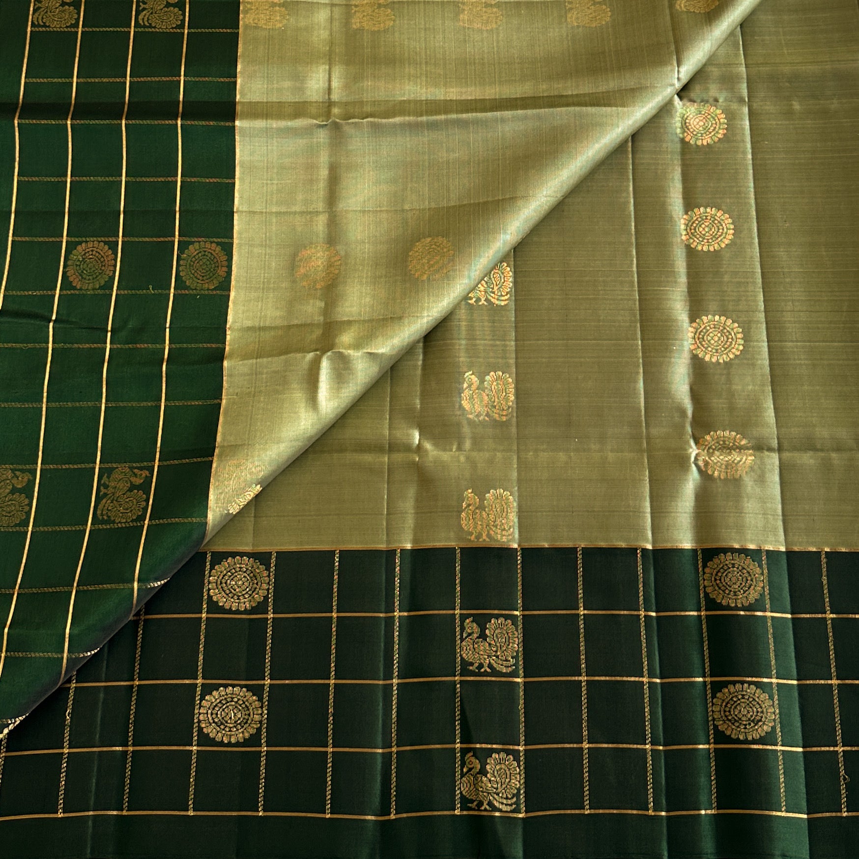 Rare Stunner Sage Green With Bottle Green Handwoven Pure Silk