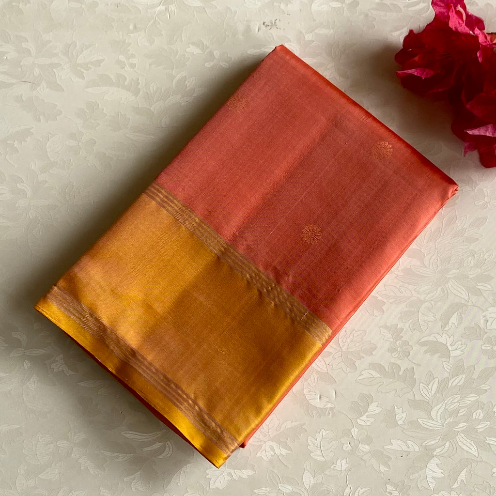 Coral Peach Designer Pure Silk Saree With Mustard Gold Border