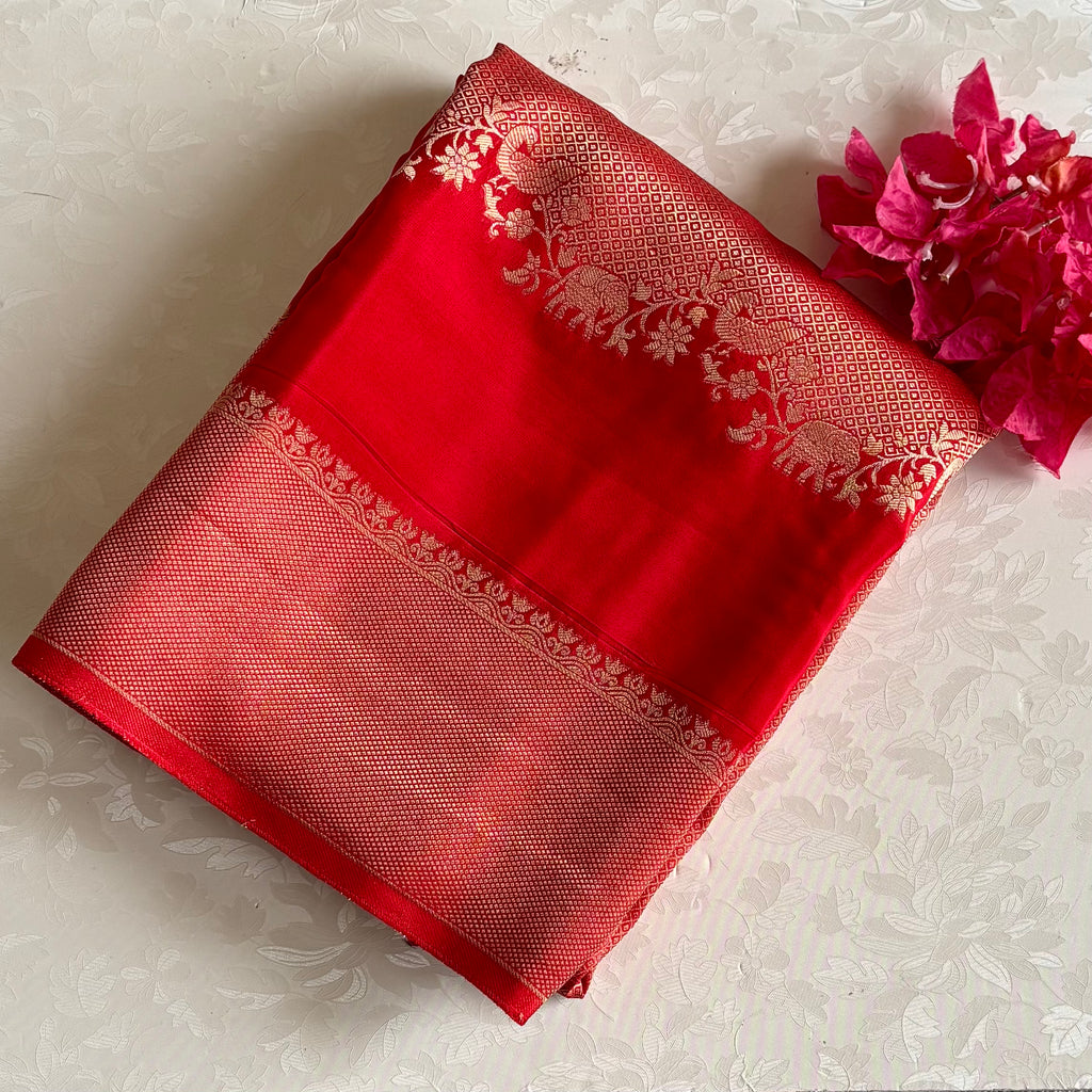 Ruby Red Soft Crepe Silk Saree Antique Gold Pallu Elephant Border