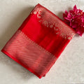 Ruby Red Soft Crepe Silk Saree Antique Gold Pallu Elephant Border