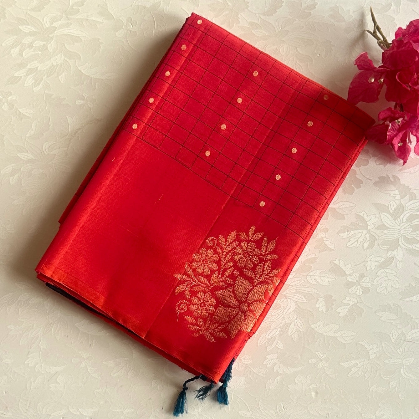 Scarlet Red Teal Pallu Antique Gold Zari Floral Wedding Saree