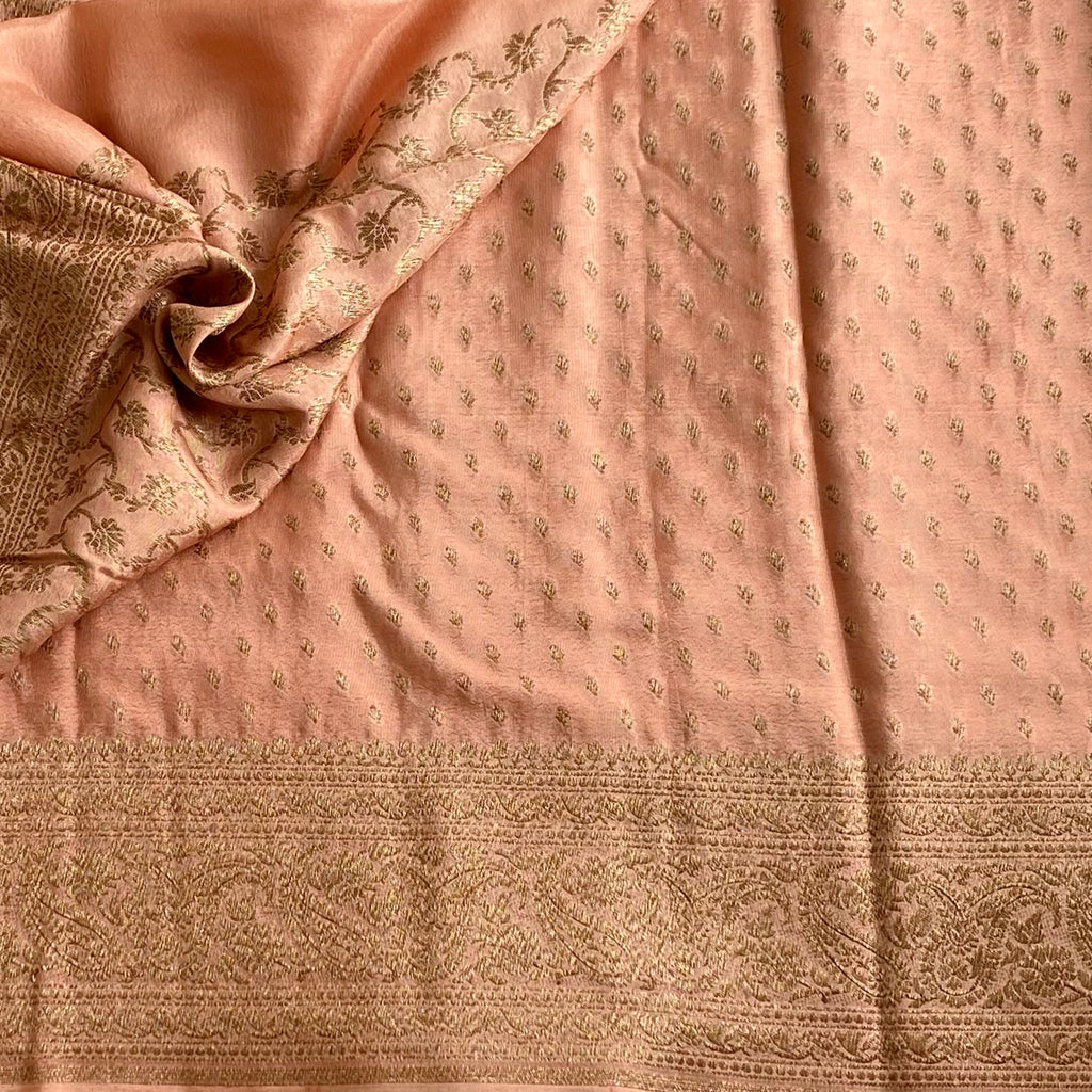 Copper Peach Banarasi Crepe Silk Saree With Rose Gold Jaal Work