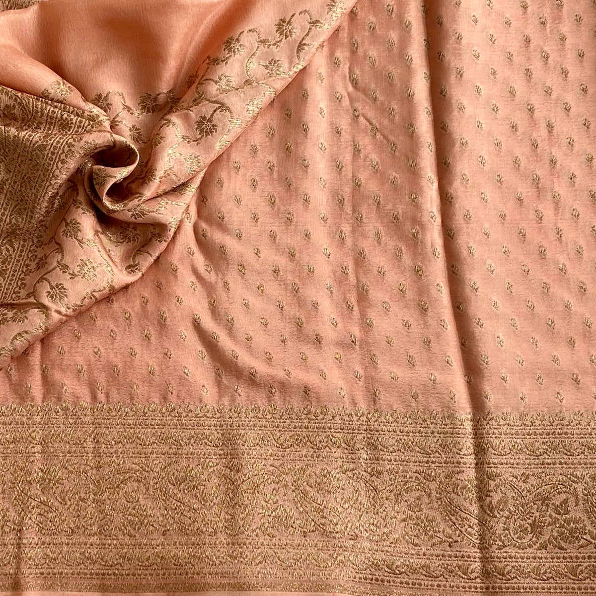 Copper Peach Banarasi Crepe Silk Saree With Rose Gold Jaal Work