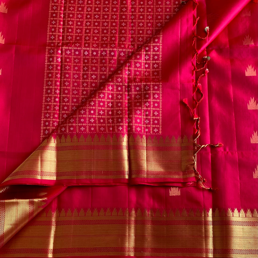 Rani Pink Designer Pure Silk Saree Antique Gold Border Buti Grid