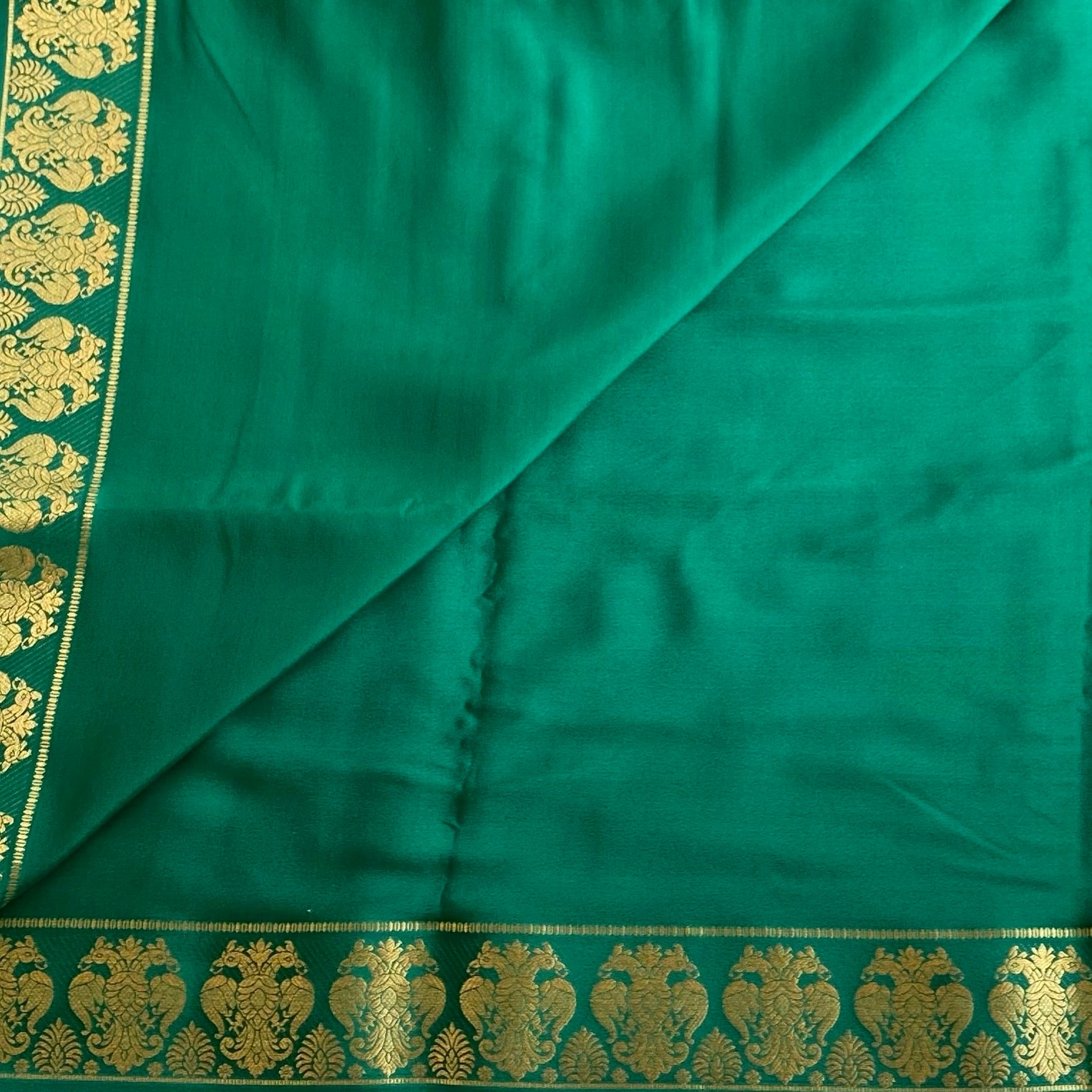 Teal Green With GandaBerunda Borders Pure Mysore Silk