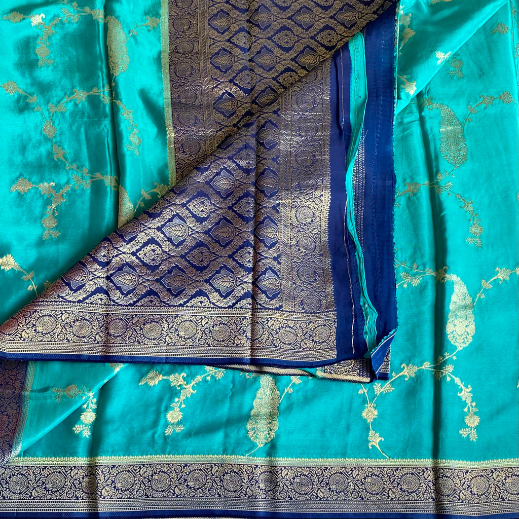 Turquoise Soft Crepe Silk Saree With Royal Blue Pallu And Zari